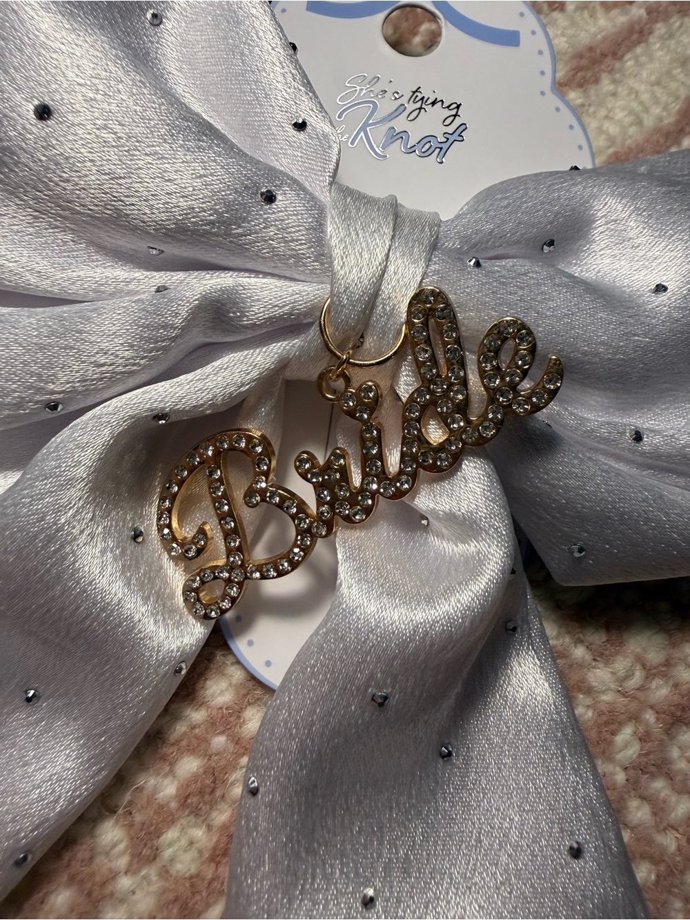She’s Tying the Knot ‘Bride' Gold Hair Bow Charm - White